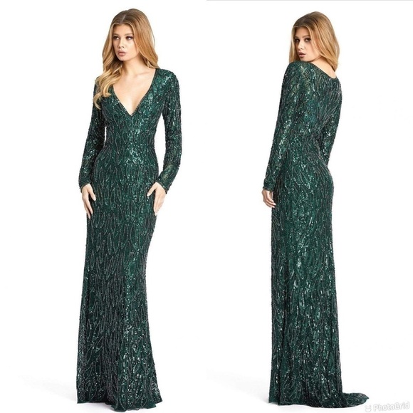 Mac Duggal Long Sleeve Beaded V-Neck Gown - Picture 1 of 10